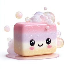 A cute, smiling, pastel-colored soap bar with bubbles and foam around it.