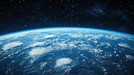 Fototapeta premium Earth view blue planet, white clouds, dark starry space