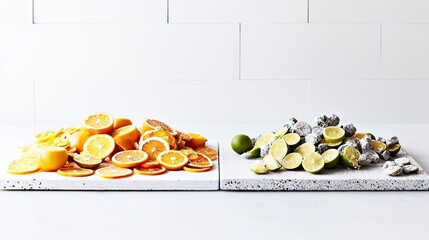 Sliced oranges and limes on kitchen counter, white background, food prep