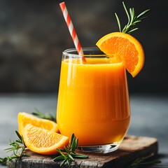 Fresh orange juice with garnish and straw on rustic wooden board
