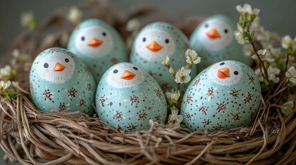 Obraz premium Egg-birds in nest, soft light, pastel blues, spring florals