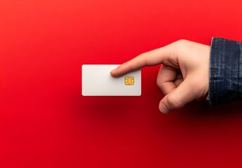 Hand holding blank white credit card against red background