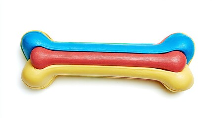 Colorful rubber dog chew toy shaped like a bone, featuring vibrant blue, red, and yellow sections, designed for playful pets and promoting dental health during chewing activities
