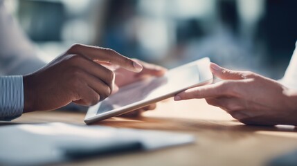 Hands of business professionals interacting on digital tablet in office workspace – ideal poster or wallpaper for collaboration, teamwork, and tech - driven business concepts