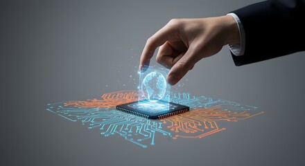 Digital Transformation: Businessman's Hand Interacting with a Holographic World Globe on a Microchip