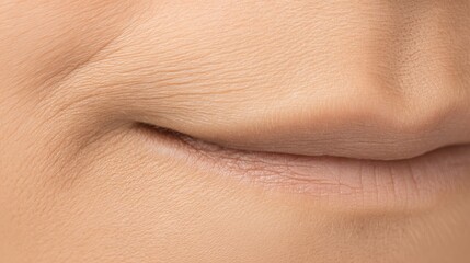 Fototapeta premium Close-up of a human mouth with subtle smile, showcasing smooth skin texture and natural lip contours, conveying warmth and approachability in a serene atmosphere