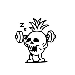 A cartoon pineapple skull character with a sleepy expression is lifting weights