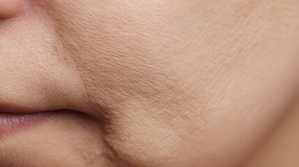 Obraz premium Close-up of textured skin on a cheek, showcasing natural features and subtle imperfections, highlighting the beauty of aging and skin health in a soft light environment
