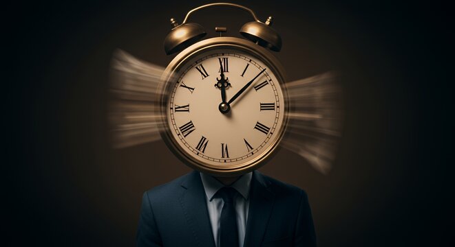 Time Pressure: A businessman's face is replaced by a fast-moving clock, symbolizing the relentless demands of modern work life.
