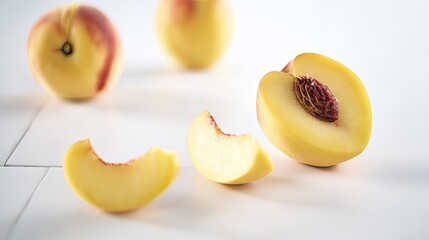 Ripe peaches sliced on white tile background