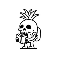 A stylized cartoon illustration of a skull shaped like a pineapple, holding a book and wearing a backpack