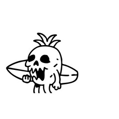 A cartoon skull shaped like a pineapple, holding a surfboard