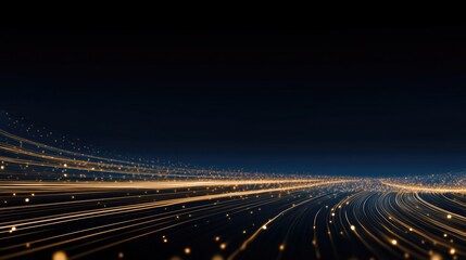 Abstract golden light trails with dynamic lines on dark background, ideal as wallpaper or poster for futuristic tech designs – featuring glowing particles, sleek digital aesthetic