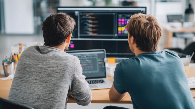 Two developers collaborating on coding project with laptops and dual screens in modern office workspace – ideal poster or wallpaper for teamwork, programming, tech innovation, and software development