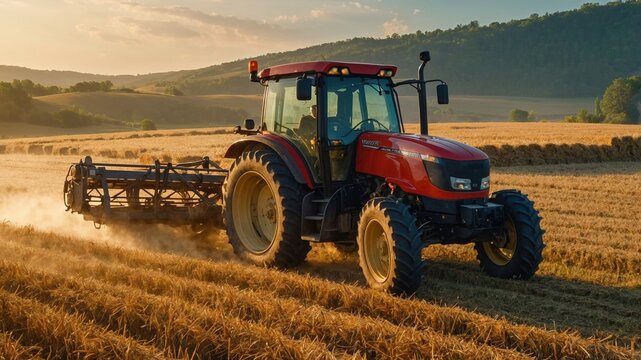 Fototapeta A red tractor working through golden fields at sunset, spreading dust as it prepares the land for harvest, showcasing the hardworking nature of modern farming and rural life
