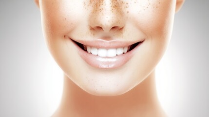Obraz premium Smiling woman with freckles showcases bright teeth and radiant skin, illuminated by soft lighting, conveying joy and confidence in a close-up portrait