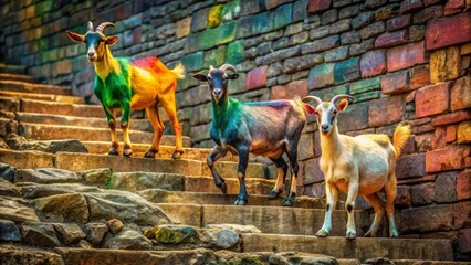 Naklejka premium Three vibrant goats ascend a stone staircase against a rustic wall.