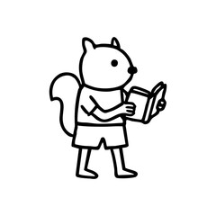 A simple black line drawing of a squirrel-like character holding a book