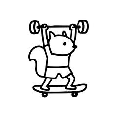 A squirrel character lifting weights while skateboarding