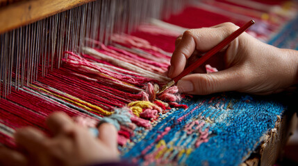 Tapestry weaver intricately working with colorful threads--detailed close-up of weaving in progress