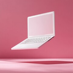 White Laptop Levitation on Pink Background