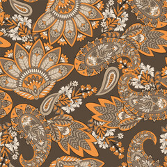 Paisley vector seamless design flowers and leaves in a batik-inspired style. Vintage fabric backdrop