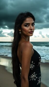 Intense gaze of indian woman posing against ocean bacdrop. Vertican video showcasing beauty and glamour of India fashion.
