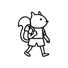 A squirrel wearing a backpack and shorts, walking
