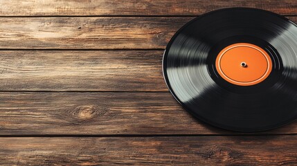 New Nostalgia Concept. Classic Vinyl Record on Wooden Table Surface with Warm Tones and Textured Background