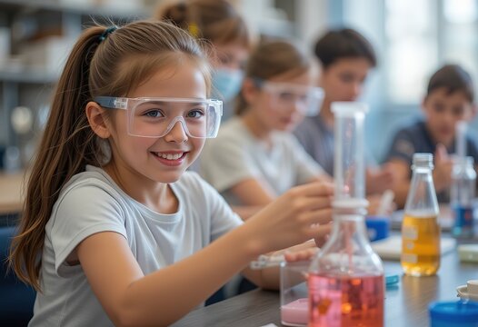 Smiling girl wears protective glasses STEM learning class. Children explore science, technology, engineering, math during experiments. Education innovation inspires young minds, 32k resolution