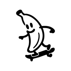 A stylized banana character riding a skateboard
