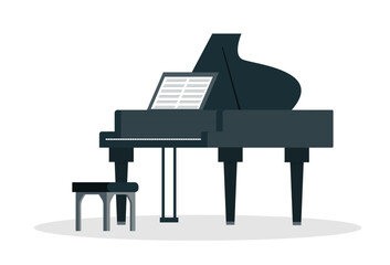Classic black grand piano with open lid isolated on white background. Musical instrument. Vector stock