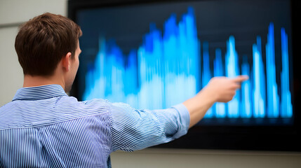 at rising bar chart on large screen during presentation