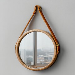 Round mirror with decorative frame and leather strap on a wall.