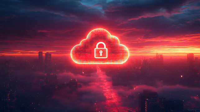 Secure cloud computing over cityscape at sunset for network data safety and digital security solutions representing cybersecurity with encryption and secure connections