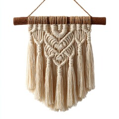 Macramé wall hanging with intricate patterns and fringed edges.