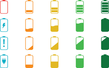Stylish Battery Charging Level Icons Set on Transparent Background, Colorful Vector Battery Status Indicators