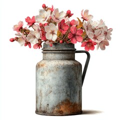 Vintage vase filled with blooming flowers in soft colors.