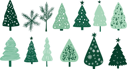 Hand Drawn Christmas Trees in Green Tones on a White Background for Holiday Season