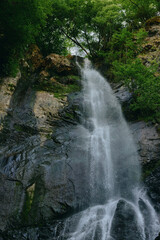 Obraz premium waterfall cascading down rocky cliff surrounded by lush green trees, natural outdoor scene with flowing water and vibrant foliage in daylight