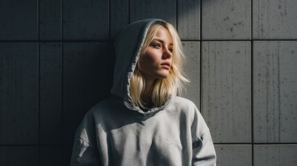 Portrait of a thoughtful young woman in a gray hoodie