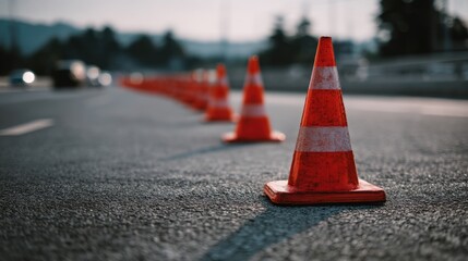 Traffic cones line a road creating a safety zone for passing vehicles