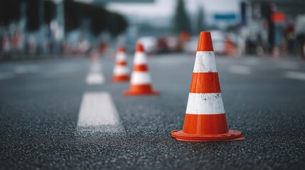 Traffic cones marking a road with focus on safety and urban environment
