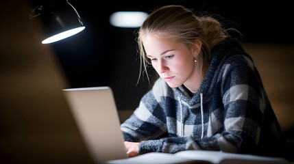 working late at night with desk lamp in coworking booth