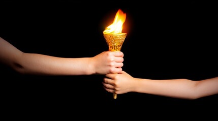 Hands passing a flaming torch, symbolizing unity and hope, against a dark background, showcasing the importance of teamwork and shared goals in a powerful visual narrative