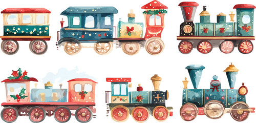 Obraz premium Watercolor Illustration of Six Festive Christmas Trains on a White Background Holiday Season Decorations