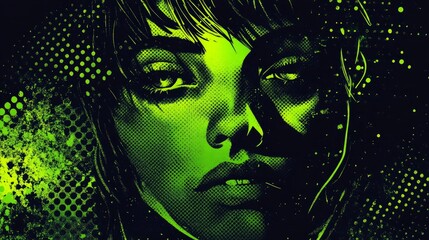 Neon halftone green splashes and dots electrify a dark background creating a bold high-contrast grunge aesthetic ideal for banners