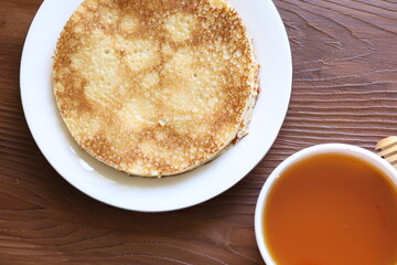 honey and egg pancakes in close-up