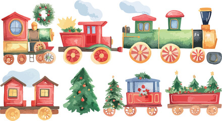 Naklejka premium Watercolor Christmas Train Illustration with Festive Decorations and Holiday Cheer on a White Background