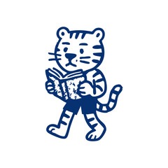 A cute, cartoon tiger is walking and holding an open book